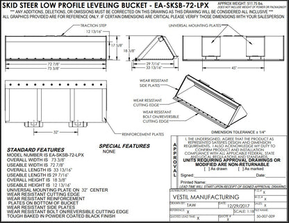 Illustration of a 72-inch heavy-duty skid steer bucket attachment by Vestil, showcasing its design and construction for machinery use.