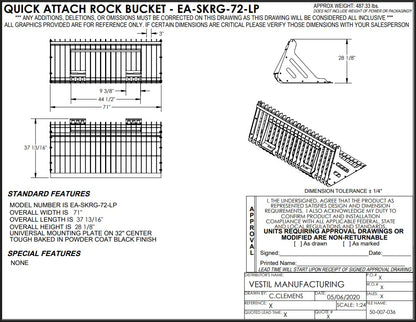 Vestil 72-inch skid steer rock grader attachment for heavy machinery, with detailed technical drawing and rugged steel construction.