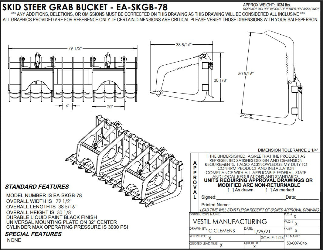 Vestil 78-inch skid steer grab bucket attachment for heavy machinery, featuring durable steel construction and versatile handling capabilities.