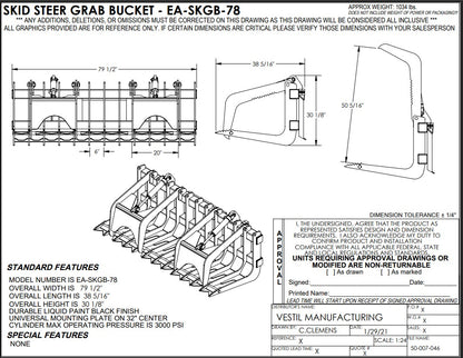 Vestil 78-inch skid steer grab bucket attachment for heavy machinery, featuring durable metal construction and hydraulic operation.