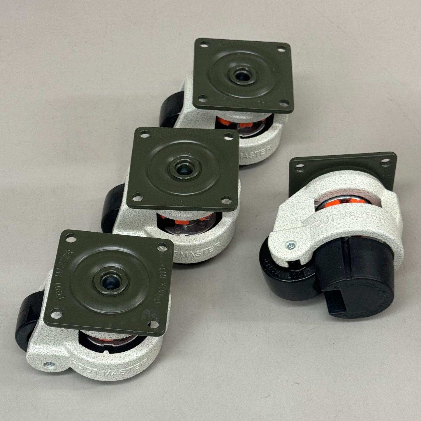 PayWut FOOT MASTER set of 4 plate caster mounting swivel wheels with 3 1/4-inch mounts and 2-inch green marble wheels for hardware use.