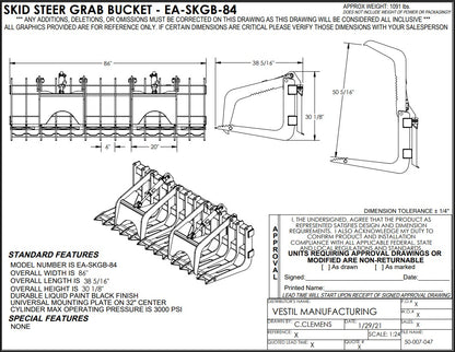 Heavy machinery skid steer grab bucket attachment by Vestil, 84 inches wide, designed for lifting and handling materials.