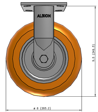 Tact Industrial Products ergonomic reactive poly caster with 1500 lb capacity and low push-force wheels, shown with rigid caster dimensions.