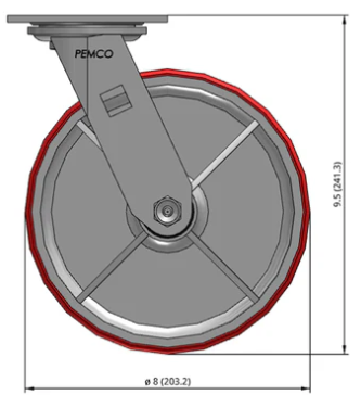 8" Polyurethane on Iron Swivel Castor Dimensions