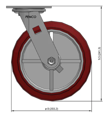 8" Urethane Swivel Castor Dimensions