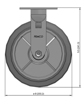 Medium duty TPR caster with soft rubber non-marking wheels from TACT Industrial Products, shown with dimensions and rigid design.