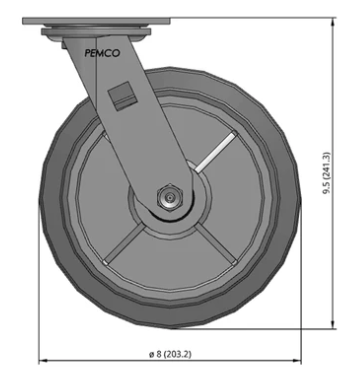 8" Thermo-Rubber Swivel Castor Dimensions