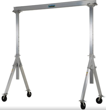Adjustable aluminum gantry crane by Vestil, corrosion-resistant portable I-beam crane with adjustable height and sturdy frame.