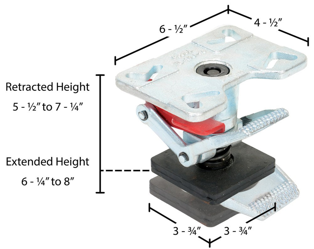 Adjustable height floor lock by Vestil with metal construction and locking mechanism for securing equipment or machinery.