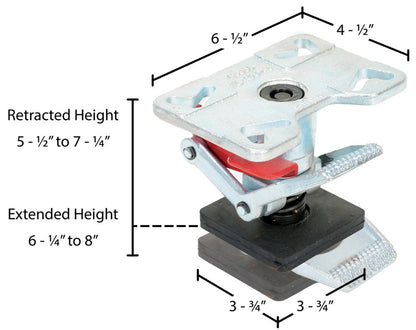 Adjustable height floor lock by Vestil with metal construction and locking mechanism for securing equipment or machinery.