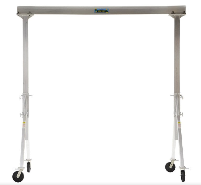 Adjustable aluminum gantry crane by Vestil with corrosion-resistant I-beam, shown from the front, portable and suitable for lifting tasks.