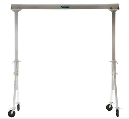 Adjustable aluminum gantry crane by Vestil with corrosion-resistant I-beam, shown from the front, portable and suitable for lifting tasks.