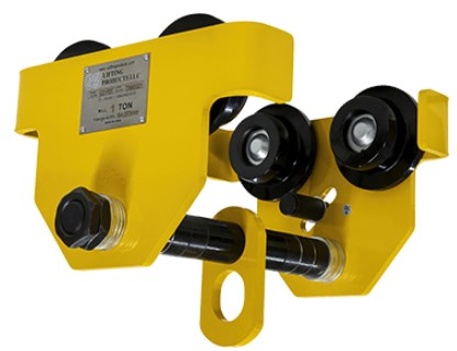 Adjustable beam trolley for hoists by OZ Lifting Products, LLC, featuring a sturdy metal frame and wheel mechanism for lifting beams.