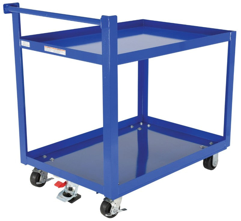 Vestil adjustable height floor lock securing a cart, featuring a sturdy metal design and adjustable locking mechanism for stability.