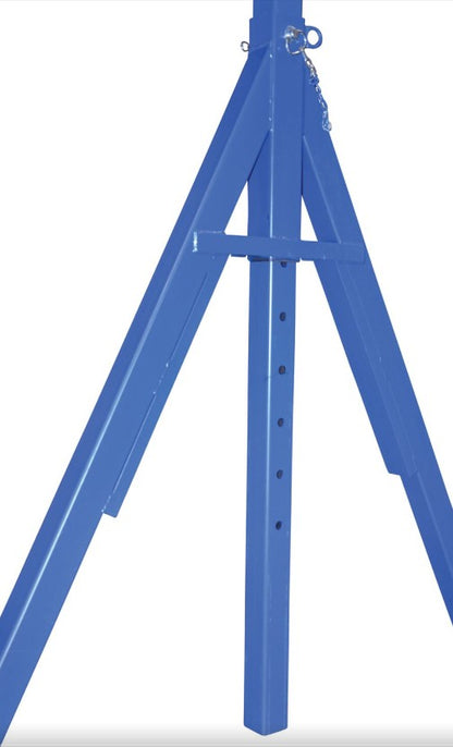 Adjustable steel gantry crane by Vestil with I-beam design and hole spacing for portable heavy-duty lifting.