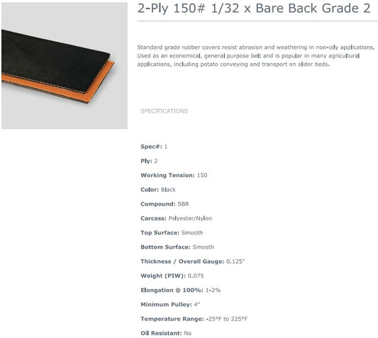 Black 2-ply 150# rubber conveyor belt by TACT Industrial Products, showing durable, cut and abrasion-resistant surface.