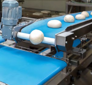 Blue FDA-approved conveyor belt from TACT Industrial Products, designed for industrial material handling applications.