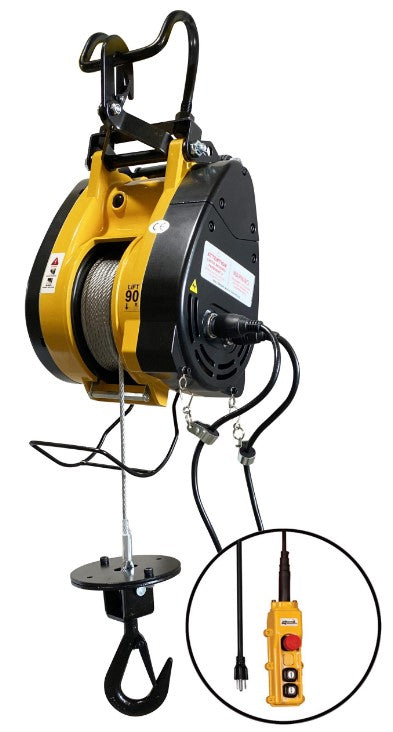 OZ Lifting Products builder’s cable hoist with metal hook and sturdy cable for lifting heavy loads in construction settings.