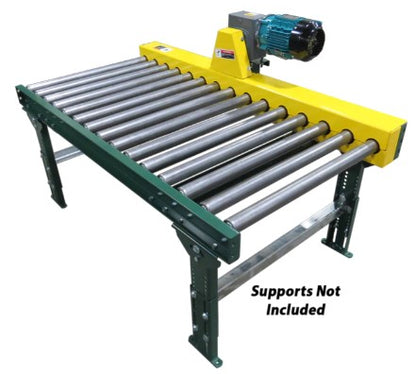 Chain driven live roller conveyor by TACT Industrial Products, featuring powered rollers for efficient pallet and material handling.