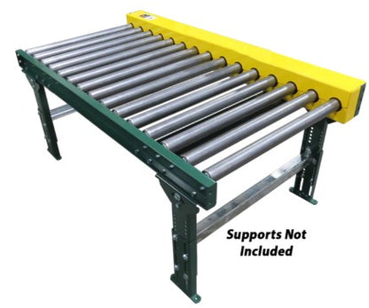 Chain driven live roller conveyor by TACT Industrial Products, showing the powered pallet conveyor with metal rollers and drive mechanism.