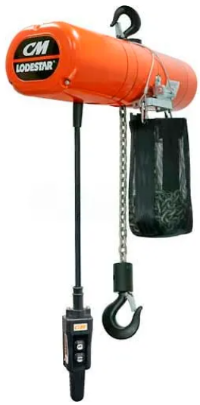 Columbus McKinnon Loadstar electric chain hoist with black and yellow body, lifting chain, and control pendant.
