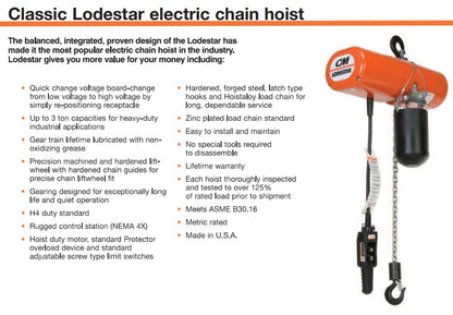 Columbus McKinnon Loadstar electric chain hoist with black metal frame and control pendant, used for lifting heavy loads.