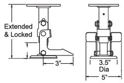 Industrial caster floor lock for 4 to 8-inch casters, TACT Industrial Products, shown with dimensions and locking mechanism.