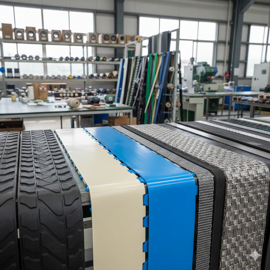 Tact Industrial conveyor belting for MRO applications, showing a close-up of durable rubber conveyor belt with textured surface.