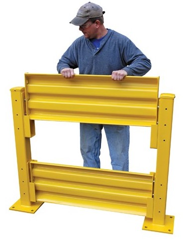 Yellow Vestil Structural Guard Railing System drop-in and bolt-on safety barrier for industrial guarding.