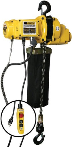 Electric chain hoist by OZ Lifting Products showing a sturdy hoist with a chain and lifting hook for industrial material handling.