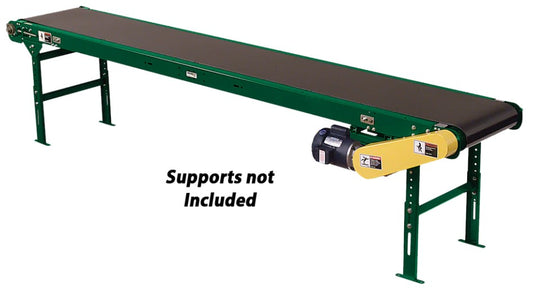 Industrial powered slider bed belt conveyor by TACT Industrial Products, showing the end drive section and conveyor belt.