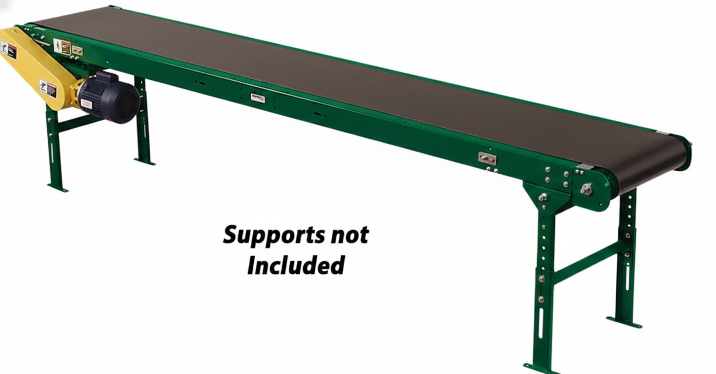 Left end drive belt conveyor from TACT Industrial Products, powered slider bed box frame for industrial material handling.