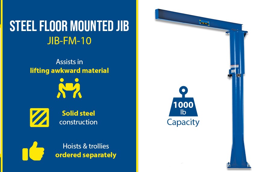 Floor mounted Vestil jib crane with 360° rotation and industrial steel construction for lifting and material handling.