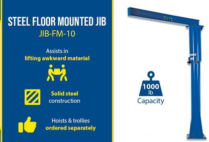 Floor mounted Vestil jib crane with 360° rotation and industrial steel construction for lifting and material handling.