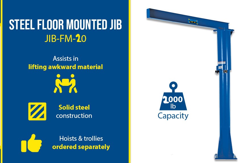 Industrial steel Vestil floor-mounted jib crane with 360° rotation for lifting and moving heavy loads in industrial settings.