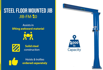 Industrial steel Vestil floor-mounted jib crane with 360° rotation for lifting and moving heavy loads in industrial settings.
