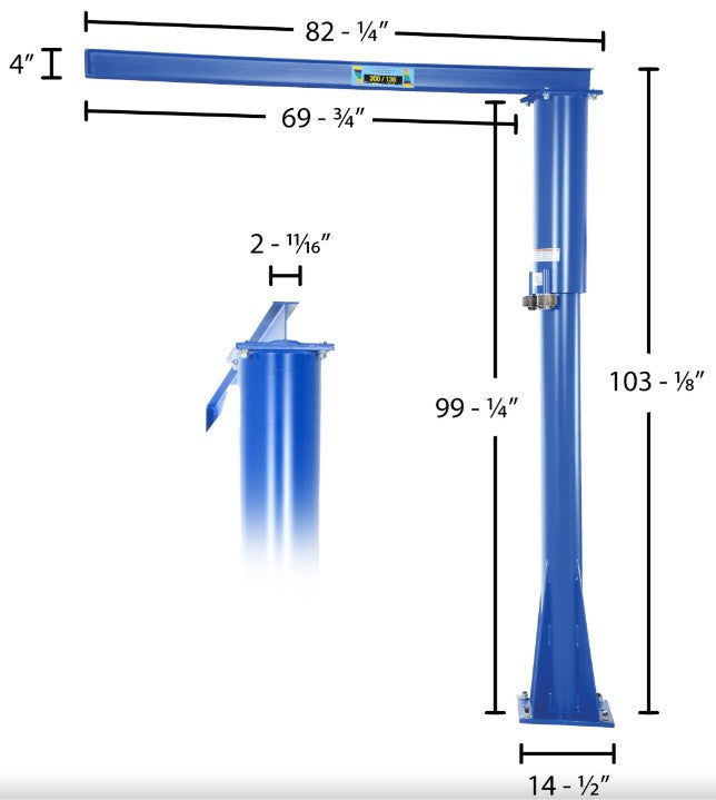 Floor mounted Vestil jib crane with 360° rotation, industrial steel construction for lifting and material handling.