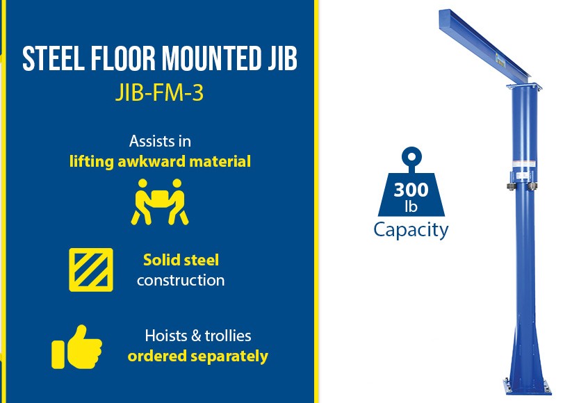 Floor mounted Vestil jib crane with 360° rotation and industrial steel construction, capable of lifting up to 300 pounds.