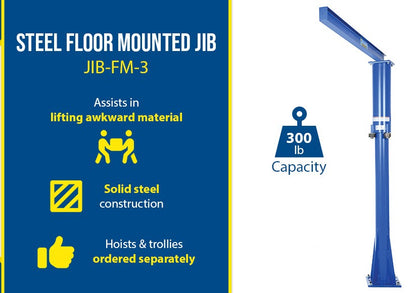 Floor mounted Vestil jib crane with 360° rotation and industrial steel construction, capable of lifting up to 300 pounds.