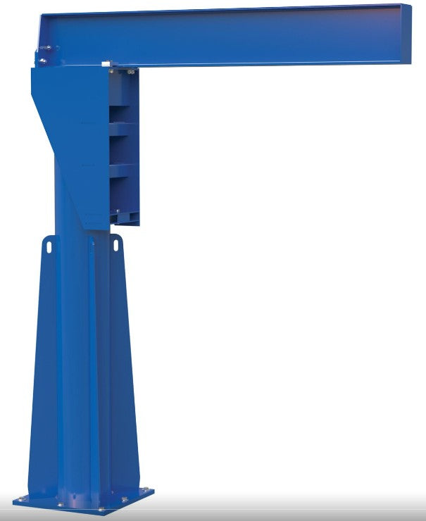 Floor mounted Vestil jib crane with 360° rotation, industrial steel construction, used for lifting and moving heavy loads.