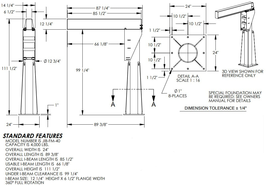 Floor mounted Vestil jib crane with 360° rotation and industrial steel construction for efficient lifting and material handling.