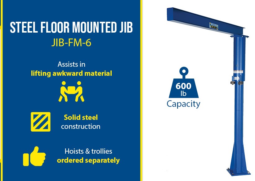 Floor mounted Vestil jib crane with 360° rotation, industrial steel construction for lifting in industrial or warehouse settings.