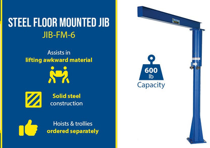 Floor mounted Vestil jib crane with 360° rotation, industrial steel construction for lifting in industrial or warehouse settings.