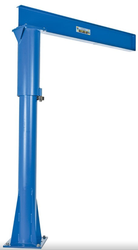 Floor mounted Vestil jib crane with 360° rotation, industrial steel construction, and back view showing lifting arm and mounting base.