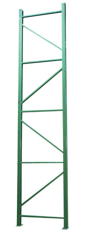 Green Interlake Mecalux pallet racking upright with teardrop style slots, designed for industrial storage and warehouse organization.