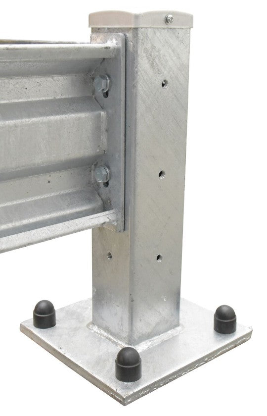 Galvanized Vestil Structural Guard Rail Post for safety guarding, drop-in and bolt-on style, used in industrial safety systems.