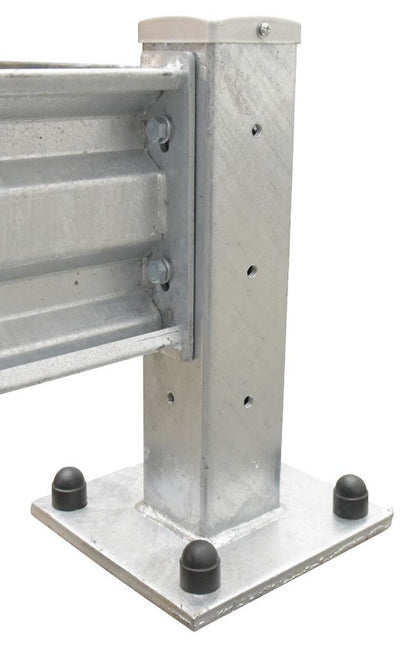 Galvanized Vestil Structural Guard Rail Post for safety guarding, drop-in and bolt-on style, used in industrial safety systems.