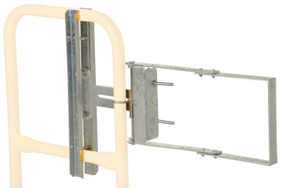 Galvanized steel self-closing safety gate with adjustable width, designed for industrial guarding and security by TACT Industrial Products.