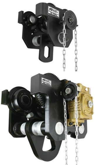 Heavy duty OZ Lifting geared beam trolley for I-beam hoist, capacity up to 60,000 pounds, designed for industrial lifting applications.