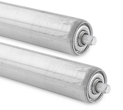 Galvanized steel gravity conveyor roller with 7/16" hex axle, 1.9-inch diameter, by TACT Industrial Products.
